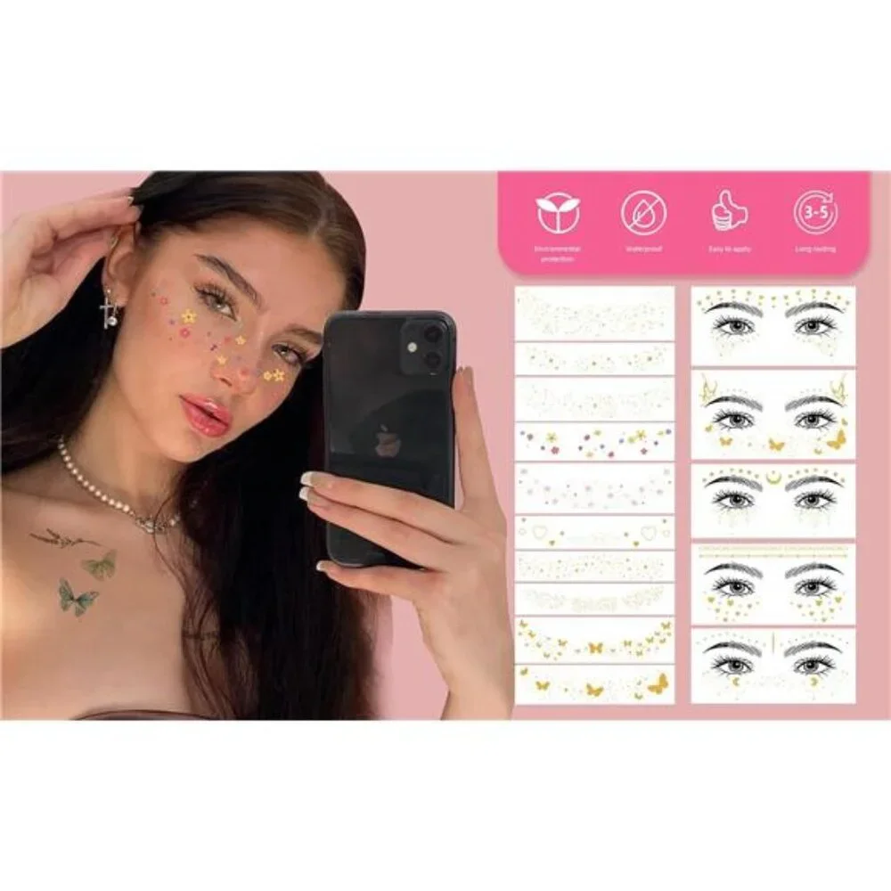 32 Sheets Face Temporary Tattoo, 20 sheets Glitter Metallic Freckle Tattoos